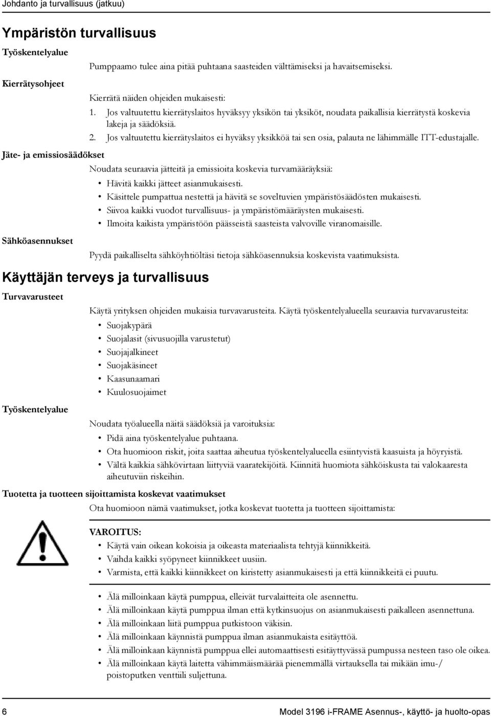 Jos valtuutettu kierrätyslaitos ei hyväksy yksikköä tai sen osia, palauta ne lähimmälle ITT-edustajalle.