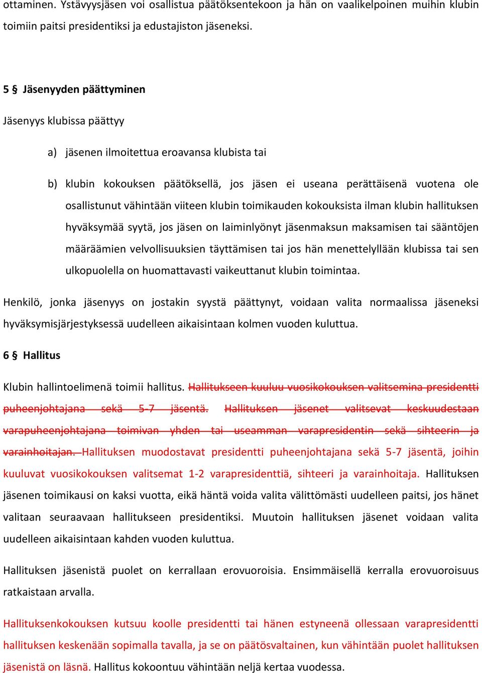 viiteen klubin toimikauden kokouksista ilman klubin hallituksen hyväksymää syytä, jos jäsen on laiminlyönyt jäsenmaksun maksamisen tai sääntöjen määräämien velvollisuuksien täyttämisen tai jos hän