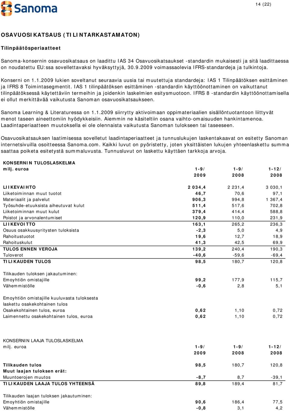 1.2009 lukien soveltanut seuraavia uusia tai muutettuja standardeja: IAS 1 Tilinpäätöksen esittäminen ja IFRS 8 Toimintasegmentit.