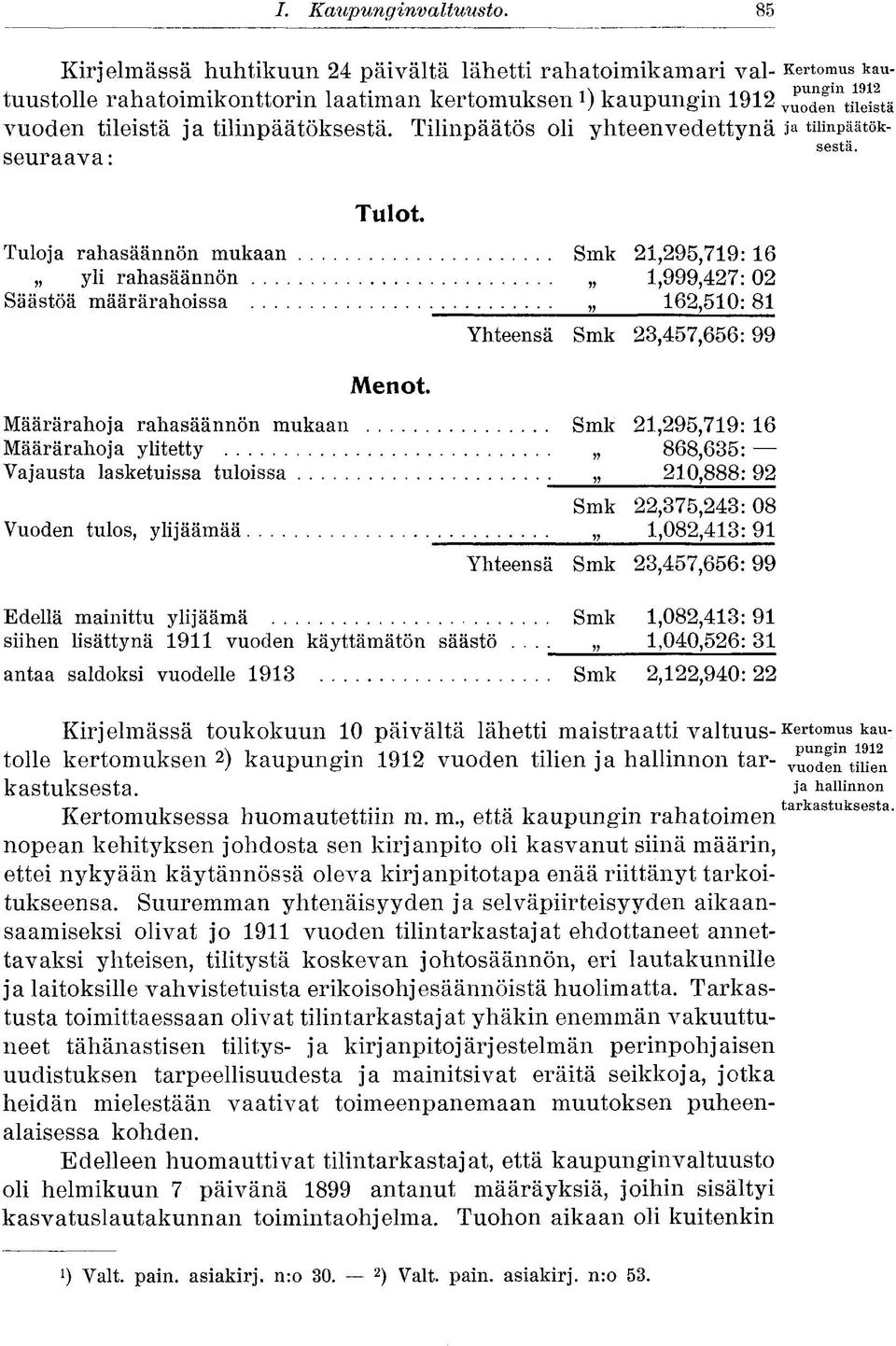 Tilinpäätös oli yhteenvedettynä i a tilinpäätöksestä. seuraava: Tulot.