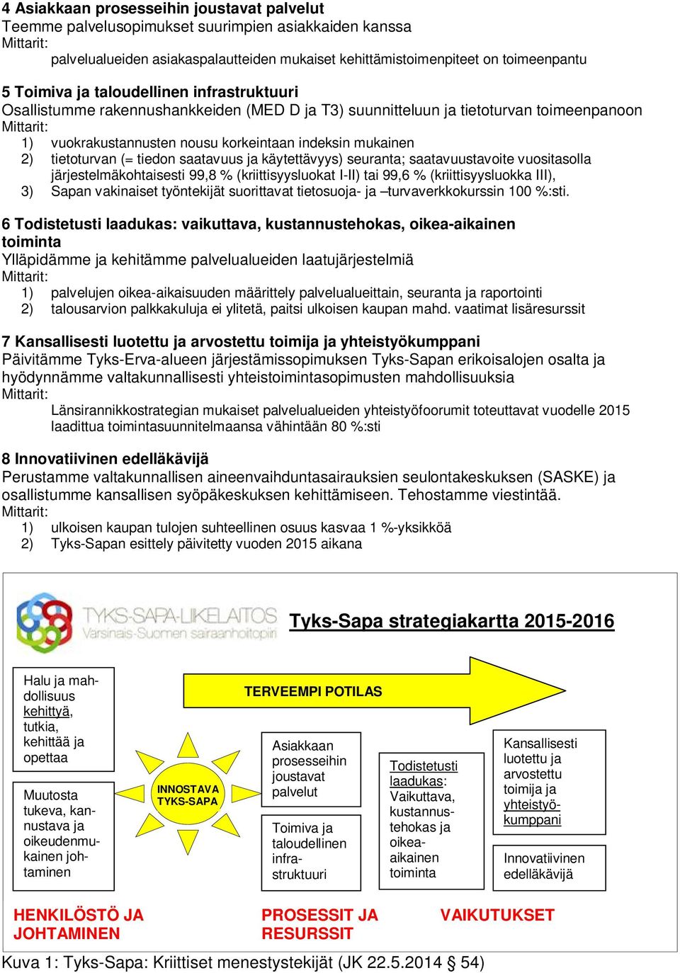 tiedon saatavuus ja käytettävyys) seuranta; saatavuustavoite vuositasolla järjestelmäkohtaisesti 99,8 % (kriittisyysluokat I-II) tai 99,6 % (kriittisyysluokka III), 3) Sapan vakinaiset työntekijät