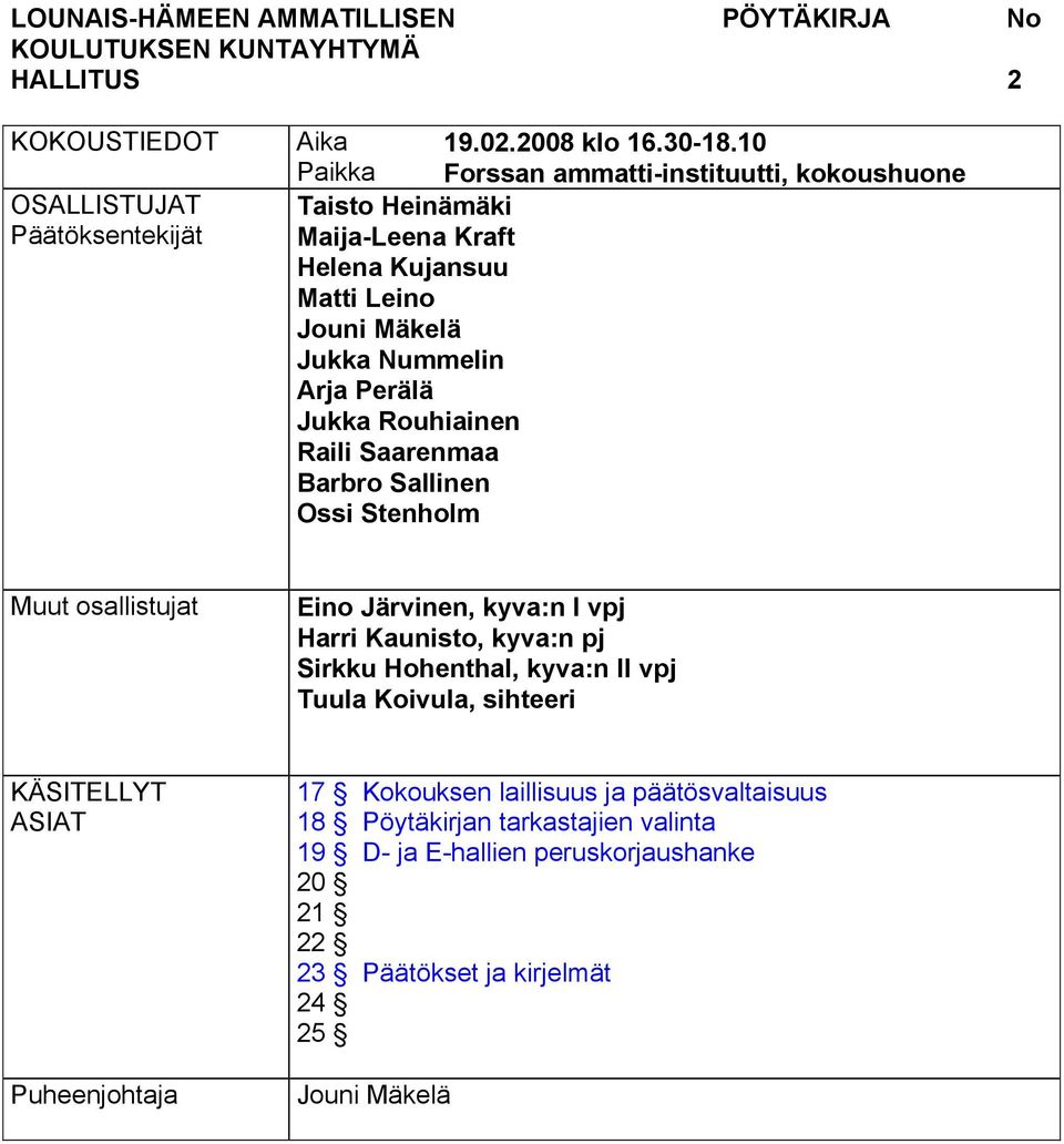 Rouhiainen Raili Saarenmaa Barbro Sallinen Ossi Stenholm Muut osallistujat Eino Järvinen, kyva:n I vpj Harri Kaunisto, kyva:n pj Sirkku Hohenthal, kyva:n II vpj