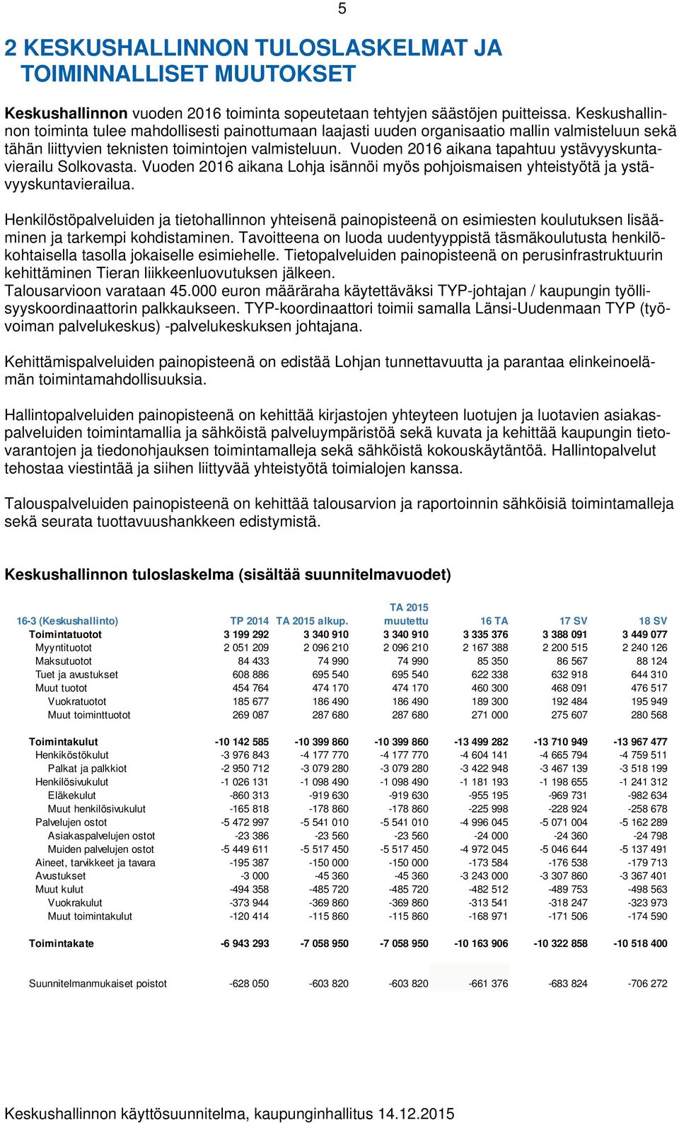 Vuoden 2016 aikana tapahtuu ystävyyskuntavierailu Solkovasta. Vuoden 2016 aikana Lohja isännöi myös pohjoismaisen yhteistyötä ja ystävyyskuntavierailua.