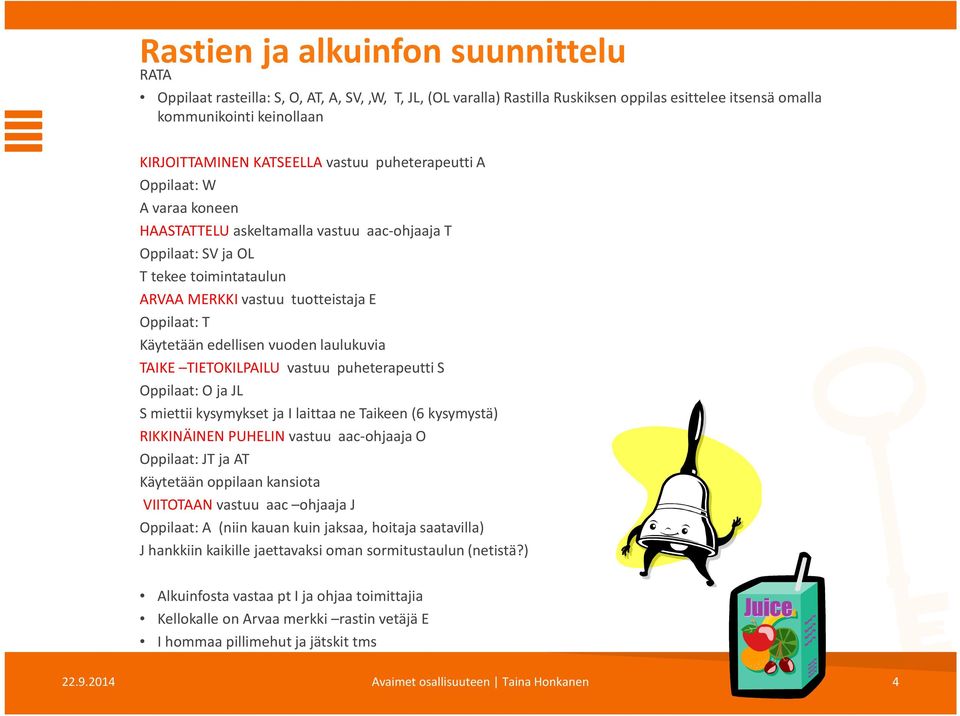 edellisen vuoden laulukuvia TAIKE TIETOKILPAILU vastuu puheterapeutti S Oppilaat: O ja JL S miettii kysymykset ja I laittaa ne Taikeen(6 kysymystä) RIKKINÄINEN PUHELIN vastuu aac-ohjaaja O Oppilaat: