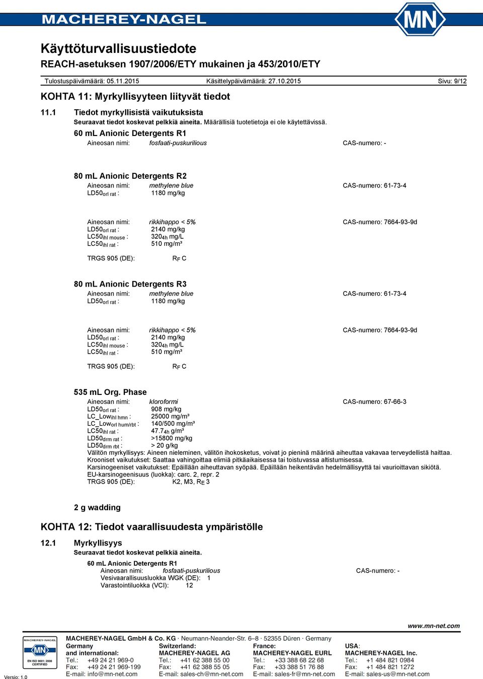 Aineosan nimi: fosfaatipuskurilious CASnumero: Sivu: 9/12 Aineosan nimi: methylene blue CASnumero: 61734 LD50 orl rat : 1180 mg/kg Aineosan nimi: rikkihappo < 5% CASnumero: 7664939d LD50 orl rat :