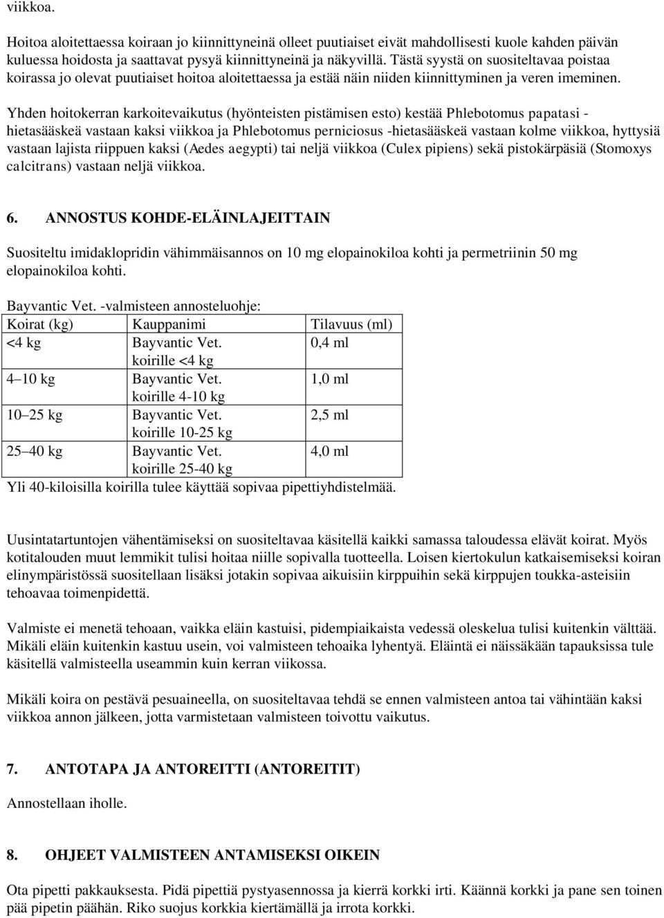 Yhden hoitokerran karkoitevaikutus (hyönteisten pistämisen esto) kestää Phlebotomus papatasi - hietasääskeä vastaan kaksi viikkoa ja Phlebotomus perniciosus -hietasääskeä vastaan kolme viikkoa,