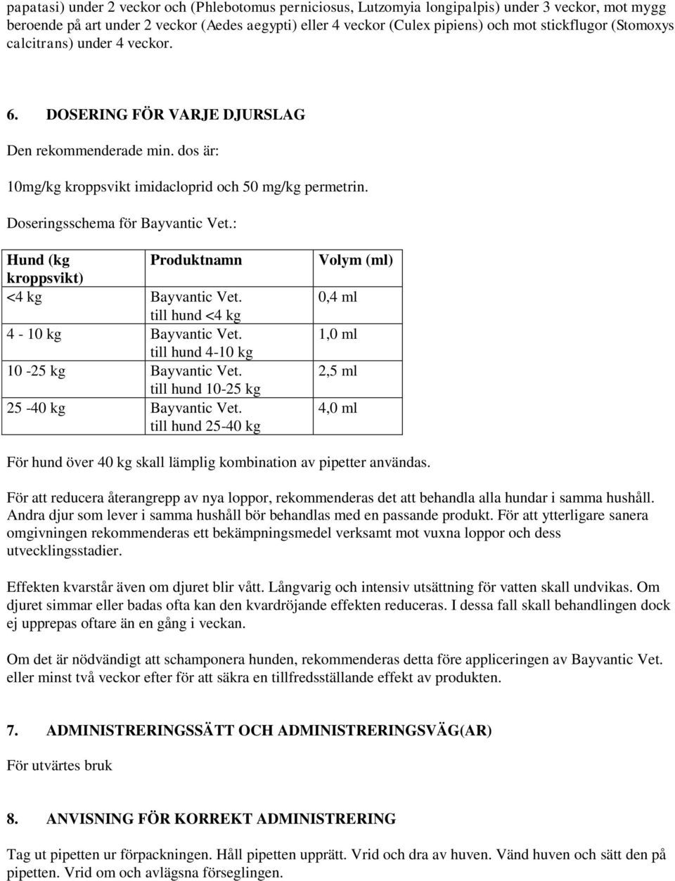 Doseringsschema för Bayvantic Vet.: Hund (kg Produktnamn kroppsvikt) <4 kg Bayvantic Vet. till hund <4 kg 4-10 kg Bayvantic Vet. till hund 4-10 kg 10-25 kg Bayvantic Vet.