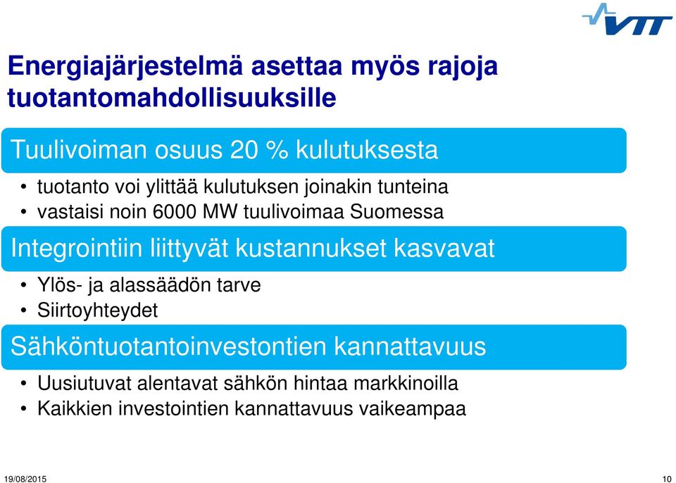 liittyvät kustannukset kasvavat Ylös- ja alassäädön tarve Siirtoyhteydet Sähköntuotantoinvestontien