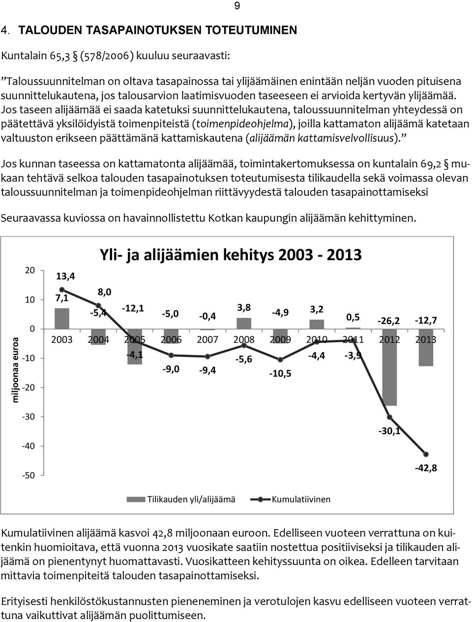 Jos taseen alijäämää ei saada katetuksi suunnittelukautena, taloussuunnitelman yhteydessä on päätettävä yksilöidyistä toimenpiteistä (toimenpideohjelma), joilla kattamaton alijäämä katetaan