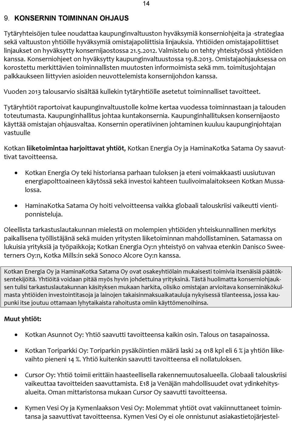 Omistajaohjauksessa on korostettu merkittävien toiminnallisten muutosten informoimista sekä mm. toimitusjohtajan palkkaukseen liittyvien asioiden neuvottelemista konsernijohdon kanssa.