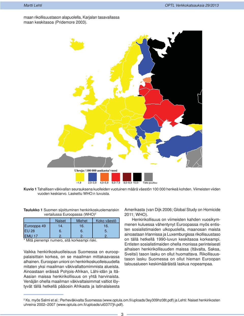 Viimeisten viiden vuoden keskiarvo. Laskettu WHO:n luvuista. Taulukko 1 Suomen sijoittuminen henkirikoskuolemariskin vertailussa Euroopassa (WHO) 2 Naiset Miehet Koko väestö Eurooppa 49 14. 16.