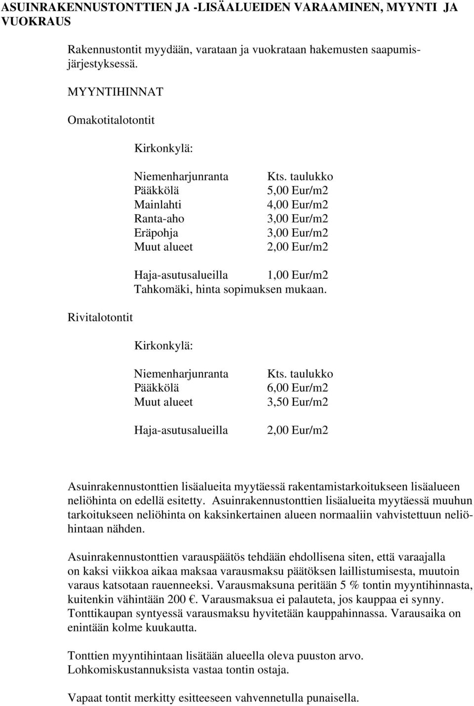 Rivitlotontit Kirkonkylä: Niemenhunrnt ääkkölä uut lueet H-sutuslueill Kts.