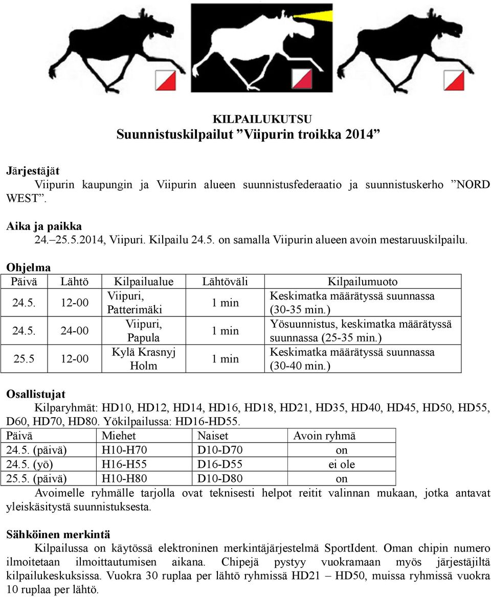 ) 24.5. 24-00 Viipuri, Yösuunnistus, keskimatka määrätyssä 1 min Papula suunnassa (25-35 min.) 25.5 12-00 Kylä Krasnyj Keskimatka määrätyssä suunnassa 1 min Holm (30-40 min.