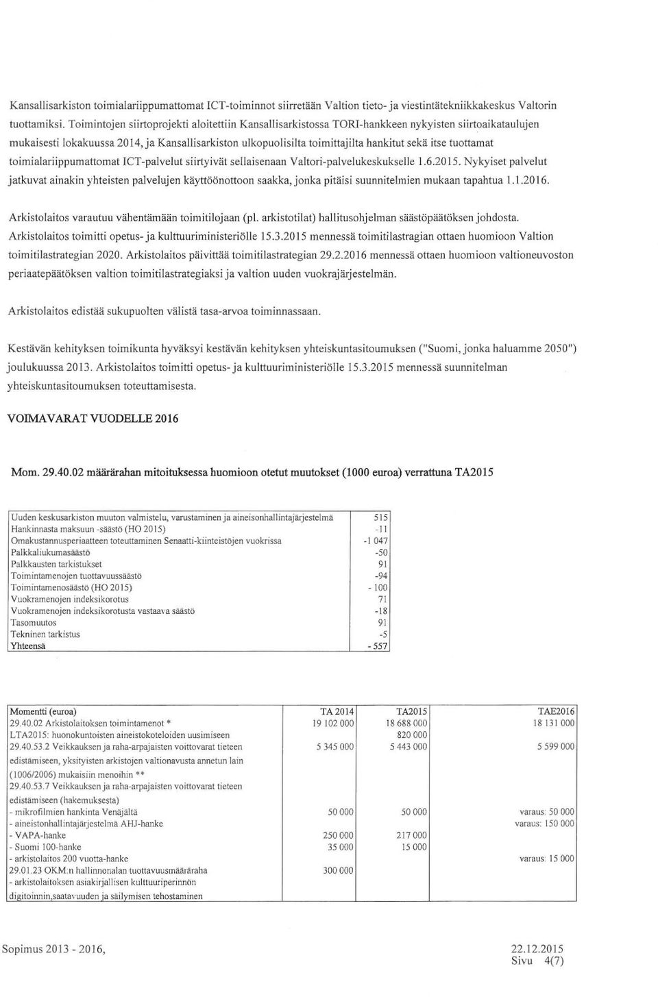 aikataul ujen mukaisesti lokakuussa 20 14, ja Kansallisarkiston ulkopuolisilta toimittajilta hankitut sekä itse tuottamat toimialariippumattomat ICT-palvelut siirtyivät sellaisenaan