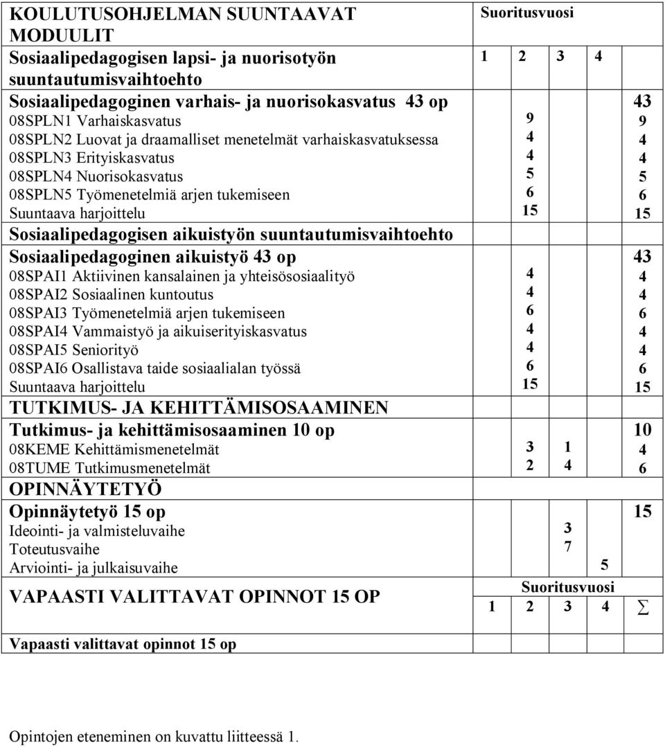 suuntautumisvaihtoehto Sosiaalipedagoginen aikuistyö op 08SPAI1 Aktiivinen kansalainen ja yhteisösosiaalityö 08SPAI2 Sosiaalinen kuntoutus 08SPAI Työmenetelmiä arjen tukemiseen 08SPAI Vammaistyö ja
