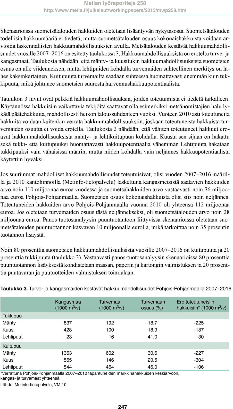 Metsätalouden kestävät hakkuumahdollisuudet vuosille 2007 2016 on esitetty taulukossa 3. Hakkuumahdollisuuksista on eroteltu turve- ja kangasmaat.