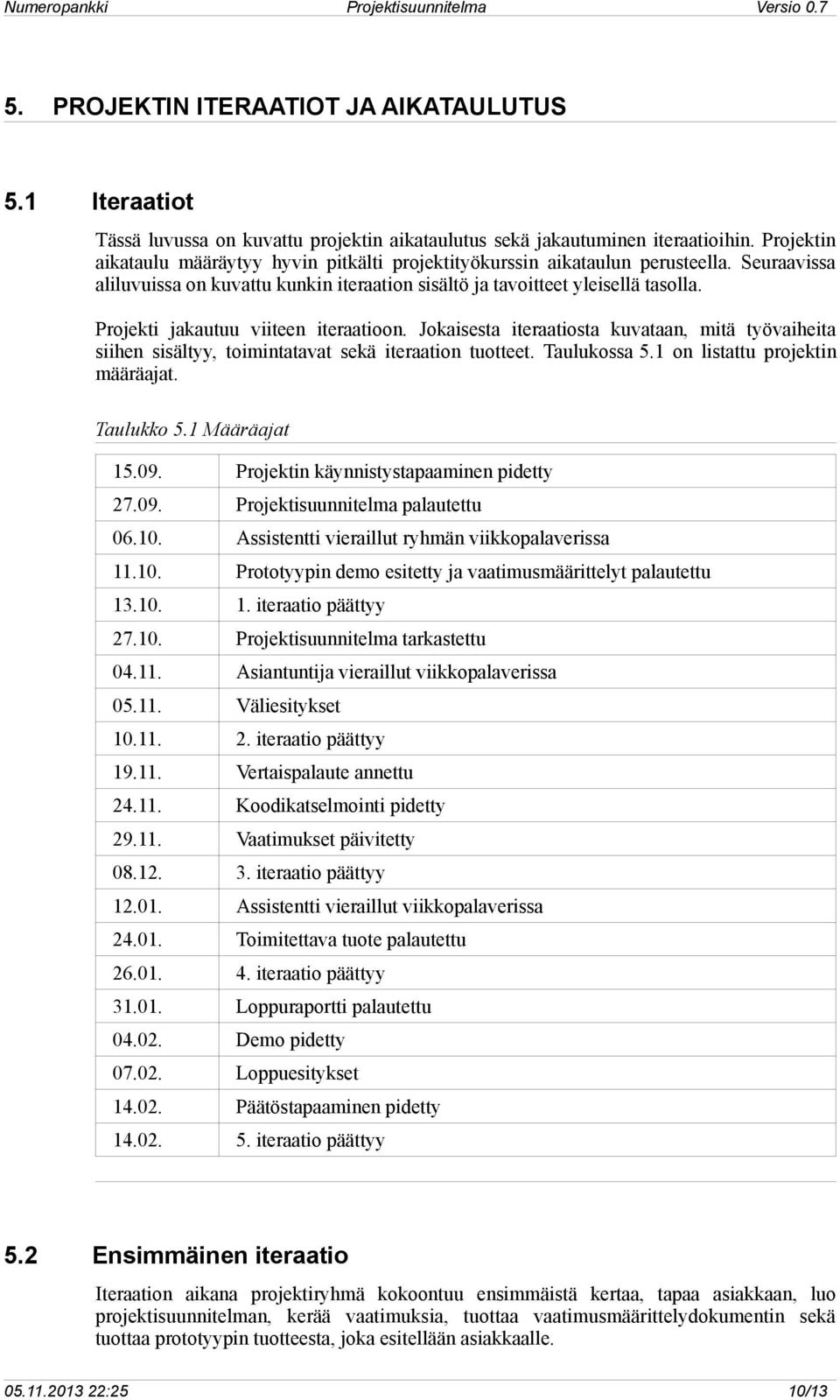 Projekti jakautuu viiteen iteraatioon. Jokaisesta iteraatiosta kuvataan, mitä työvaiheita siihen sisältyy, toimintatavat sekä iteraation tuotteet. Taulukossa 5.1 on listattu projektin määräajat.