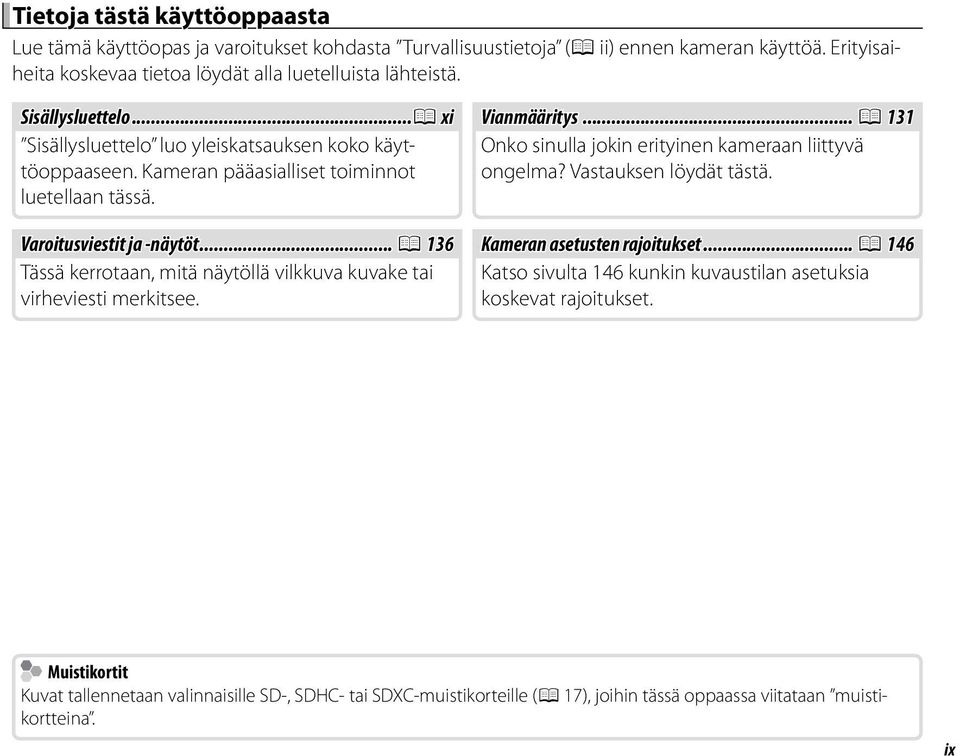 .. P 131 Onko sinulla jokin erityinen kameraan liittyvä ongelma? Vastauksen löydät tästä. Varoitusviestit ja -näytöt... P 136 Kameran asetusten rajoitukset.