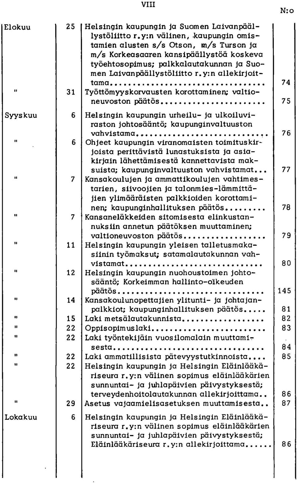 ... 74 31 Työttömyyskorvausten korottaminen; valtioneuvoston päätös. 75 Syyskuu 6 Helsingin kaupungin urheilu- ja ulkoiluviraston johtosääntö; kaupunginvaltuuston vahvistama.