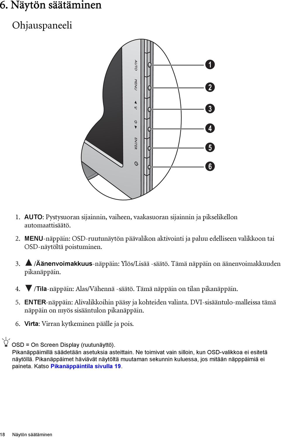 ENTER-näppäin: Alivalikkoihin pääsy ja kohteiden valinta. DVI-sisääntulo-malleissa tämä näppäin on myös sisääntulon pikanäppäin. 6. Virta: Virran kytkeminen päälle ja pois.