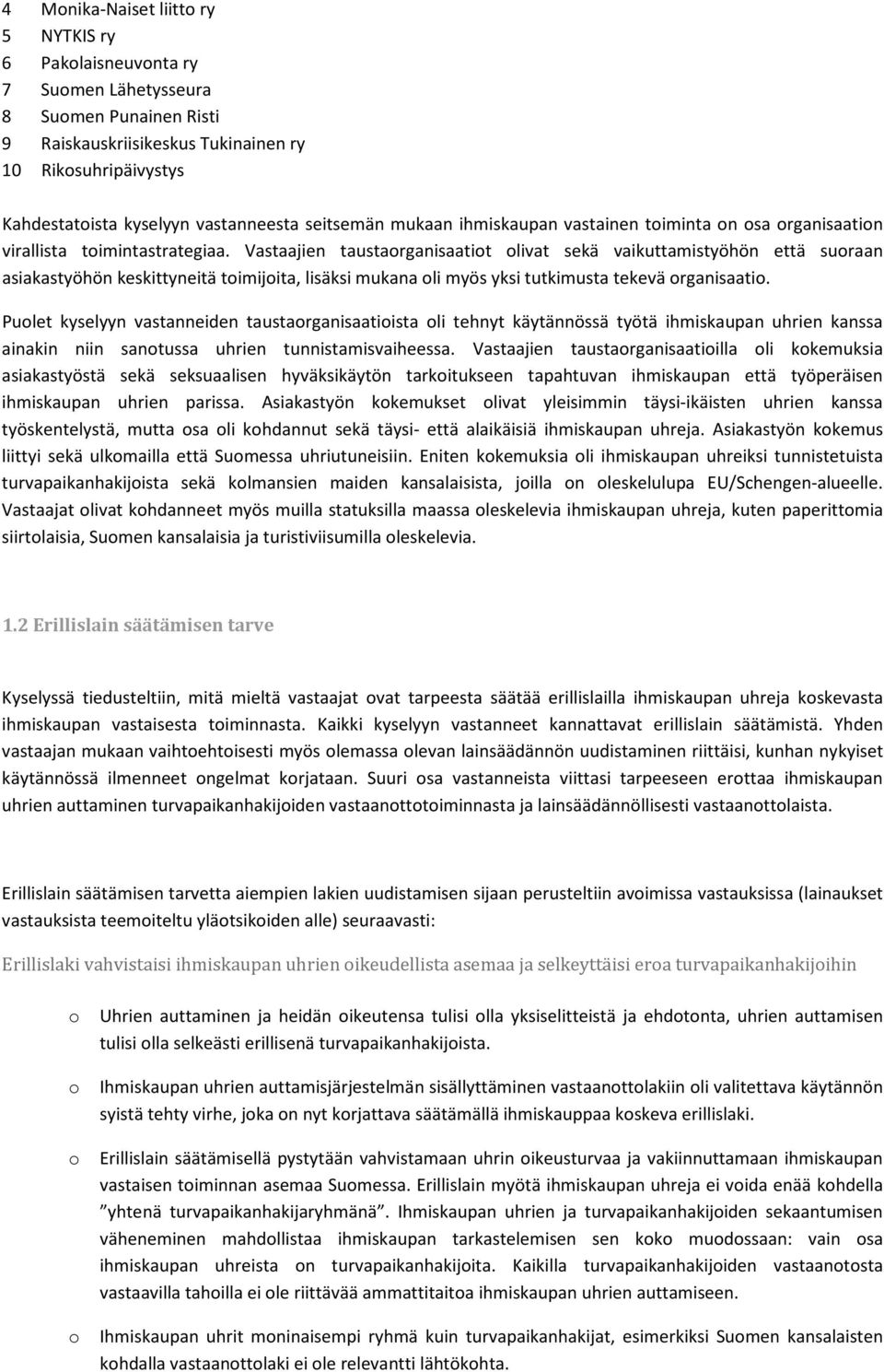 Vastaajien taustaorganisaatiot olivat sekä vaikuttamistyöhön että suoraan asiakastyöhön keskittyneitä toimijoita, lisäksi mukana oli myös yksi tutkimusta tekevä organisaatio.