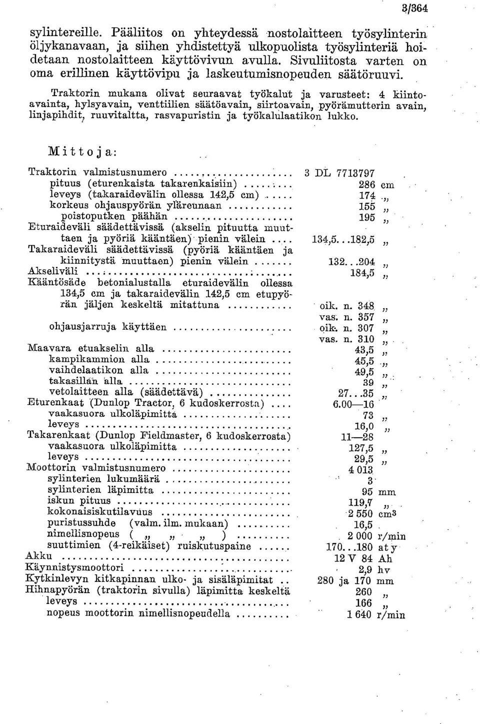 Traktorin mukana olivat seuraavat työkalut ja varusteet: 4 1d:intoavainta hylsyavain, venttiilien säätöavain, siirtoavain, pyörämutterin avain, ruuvitaltta, rasvapuristin ja työkahilaatikon lukko.