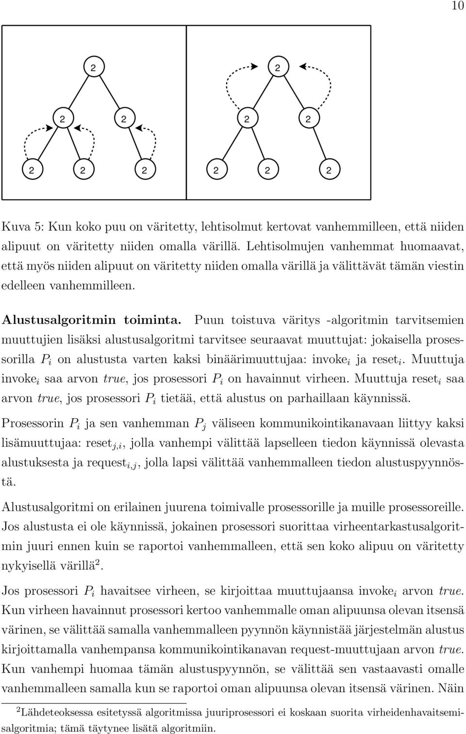 Puun toistuva väritys -algoritmin tarvitsemien muuttujien lisäksi alustusalgoritmi tarvitsee seuraavat muuttujat: jokaisella prosessorilla P i on alustusta varten kaksi binäärimuuttujaa: invoke i ja