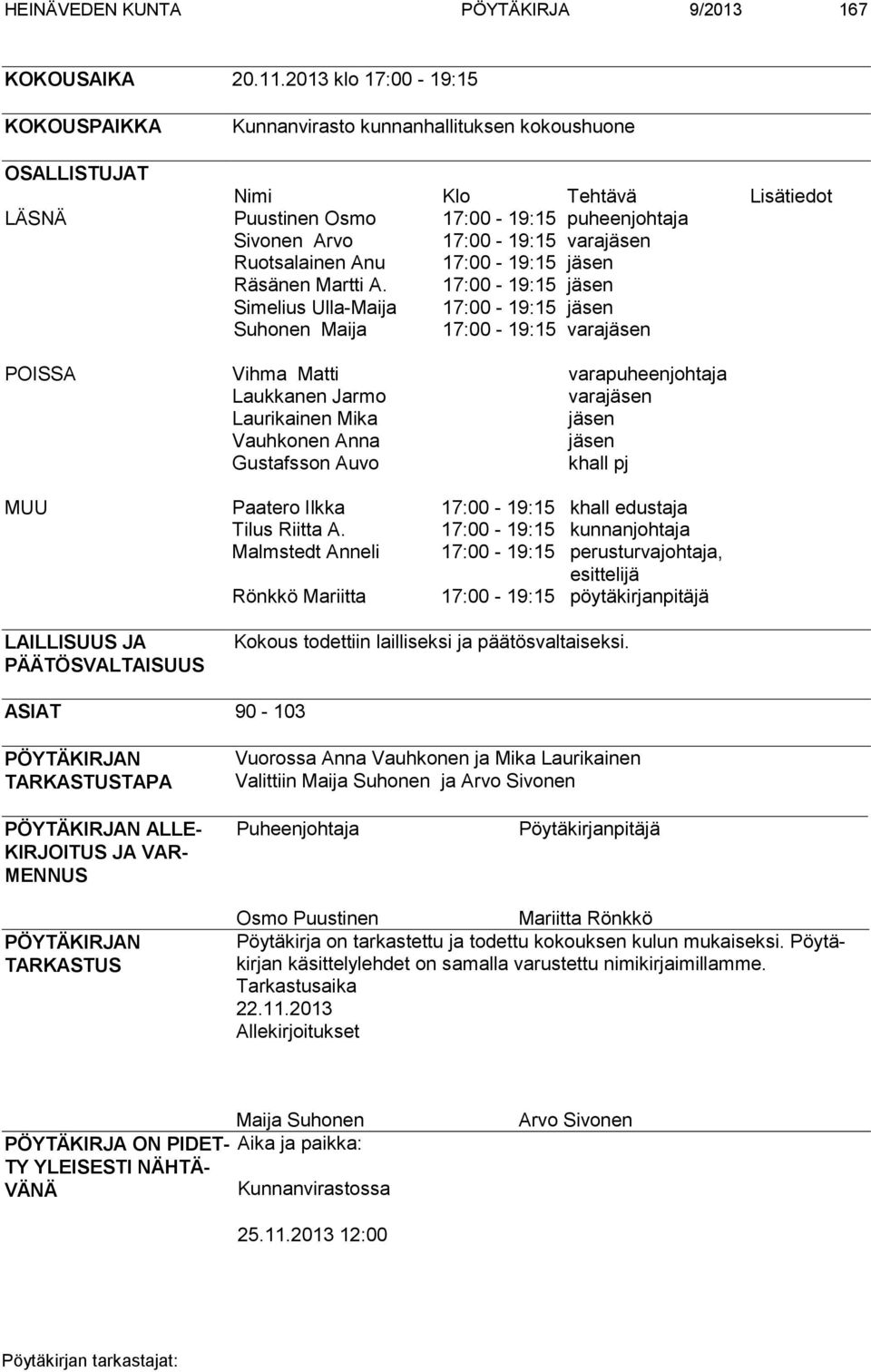 varajäsen Ruotsalainen Anu 17:00-19:15 jäsen Räsänen Martti A.