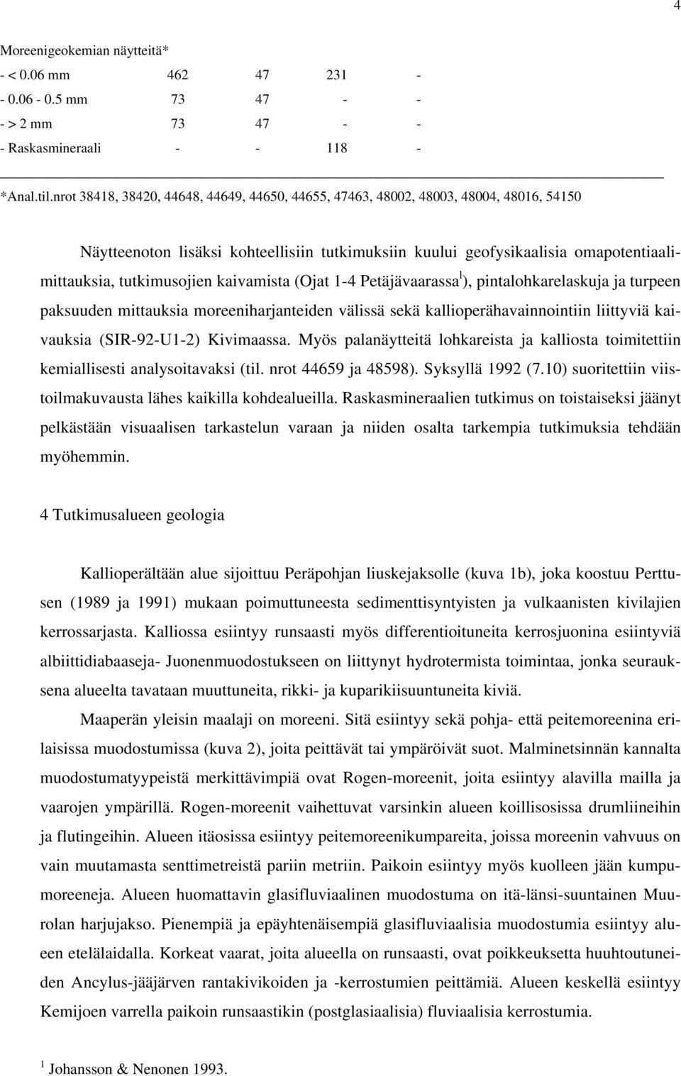 kaivamista (Ojat 1-4 Petäjävaarassa l ), pintalohkarelaskuja ja turpeen paksuuden mittauksia moreeniharjanteiden välissä sekä kallioperähavainnointiin liittyviä kaivauksia (SIR-92-U1-2) Kivimaassa.