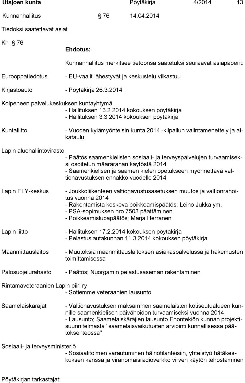 3.2014 Kolpeneen palvelukeskuksen kuntayhtymä - Hallituksen 13.2.2014 kokouksen pöytäkirja - Hallituksen 3.3.2014 kokouksen pöytäkirja Kuntaliitto - Vuoden kylämyönteisin kunta 2014 -kilpailun