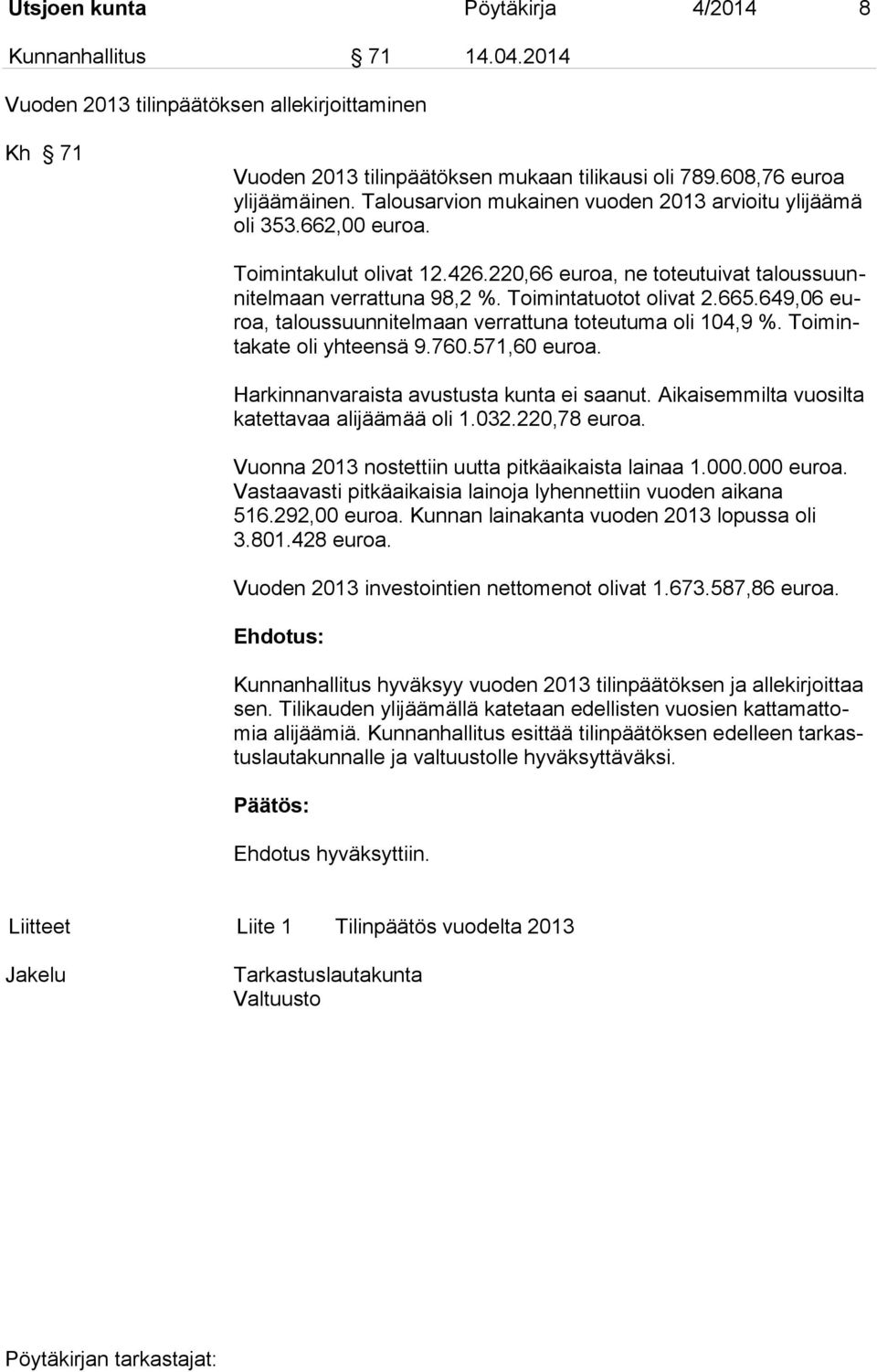 649,06 euroa, taloussuunnitelmaan verrattuna toteutuma oli 104,9 %. Toimintakate oli yhteensä 9.760.571,60 euroa. Harkinnanvaraista avustusta kunta ei saanut.