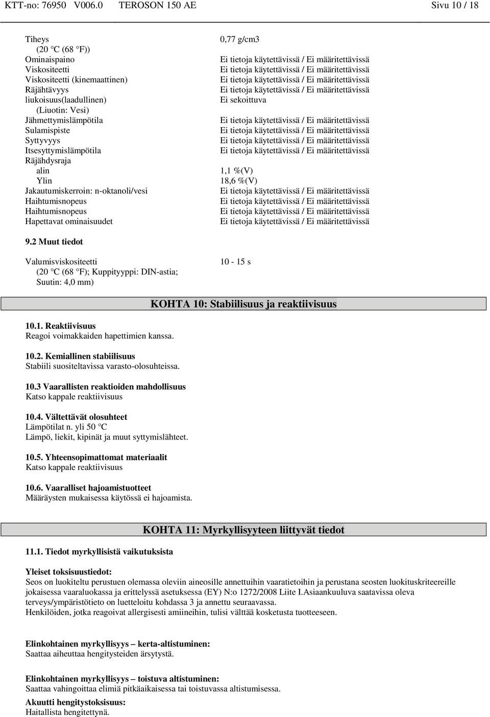 Syttyvyys Itsesyttymislämpötila Räjähdysraja alin Ylin Jakautumiskerroin: n-oktanoli/vesi Haihtumisnopeus Haihtumisnopeus Hapettavat ominaisuudet 0,77 g/cm3 Ei sekoittuva 1,1 %(V) 18,6 %(V) 9.