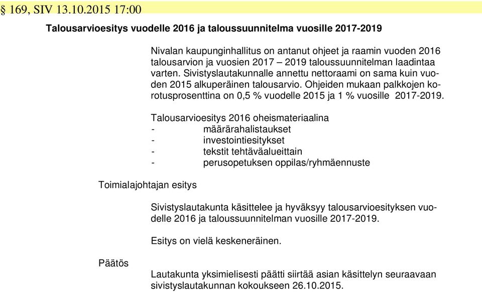 taloussuunnitelman laadintaa varten. Sivistyslautakunnalle annettu nettoraami on sama kuin vuoden 2015 alkuperäinen talousarvio.