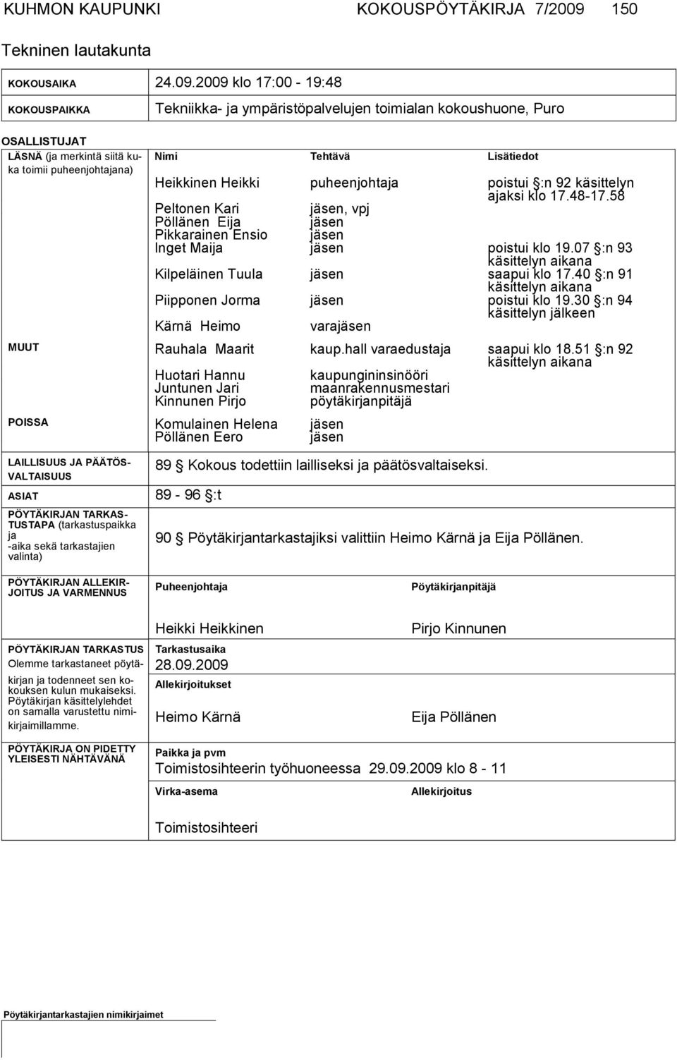 2009 klo 17:00-19:48 KOKOUSPAIKKA Tekniikka- ja ympäristöpalvelujen toimialan kokoushuone, Puro OSALLISTUJAT LÄSNÄ (ja mer kintä siitä kuka toi mii puheenjohtajana) Nimi Tehtävä Lisätiedot Heikkinen