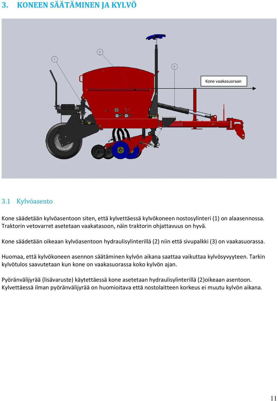 Kone säädetään oikeaan kylvöasentoon hydraulisylinterillä (2) niin että sivupalkki (3) on vaakasuorassa.