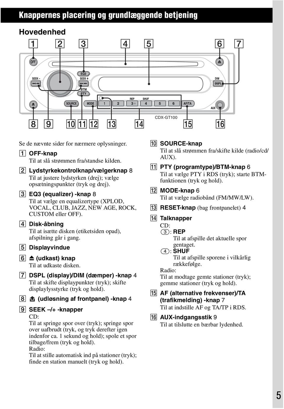 C EQ3 (equalizer) -knap 8 Til at vælge en equalizertype (XPLOD, VOCAL, CLUB, JAZZ, NEW AGE, ROCK, CUSTOM eller OFF). D Disk-åbning Til at isætte disken (etiketsiden opad), afspilning går i gang.