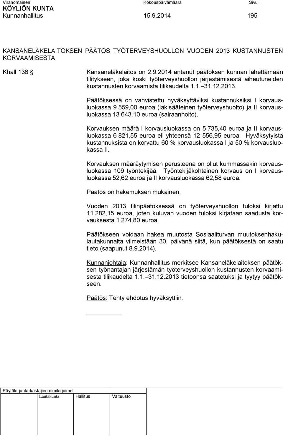 Korvauksen määrä I korvausluokassa on 5 735,40 euroa ja II korvausluokassa 6 821,55 euroa eli yhteensä 12 556,95 euroa.