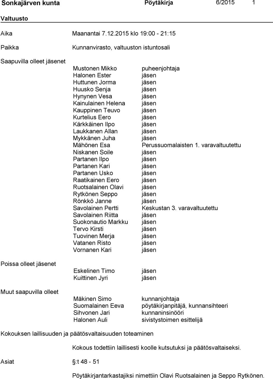 Kainulainen Helena Kauppinen Teuvo Kurtelius Eero Kärkkäinen Ilpo Laukkanen Allan Mykkänen Juha Mähönen Esa Niskanen Soile Partanen Ilpo Partanen Kari Partanen Usko Raatikainen Eero Ruotsalainen