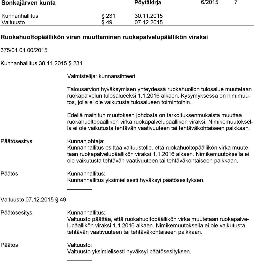 2015 231 Valmistelija: kunnansihteeri Talousarvion hyväksymisen yhteydessä ruokahuollon tulosalue muutetaan ruo ka pal ve lun tulosalueeksi 1.1.2016 alkaen.