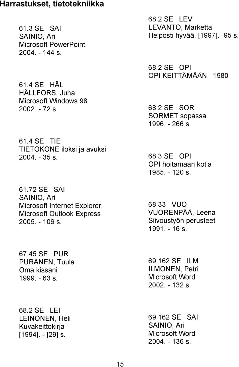 1980 68.2 SE SOR SORMET sopassa 1996. - 266 s. 68.3 SE OPI OPI hoitamaan kotia 1985. - 120 s. 68.33 VUO VUORENPÄÄ, Leena Siivoustyön perusteet 1991. - 16 s. 67.