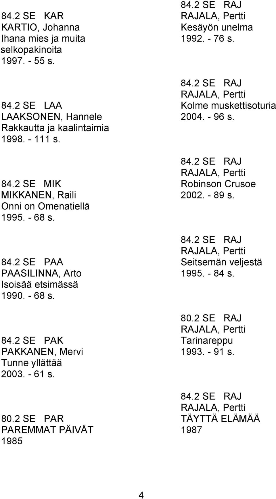 - 61 s. 80.2 SE PAR PAREMMAT PÄIVÄT 1985 84.2 SE RAJ Kesäyön unelma 1992. - 76 s. 84.2 SE RAJ Kolme muskettisoturia 2004. - 96 s. 84.2 SE RAJ Robinson Crusoe 2002.