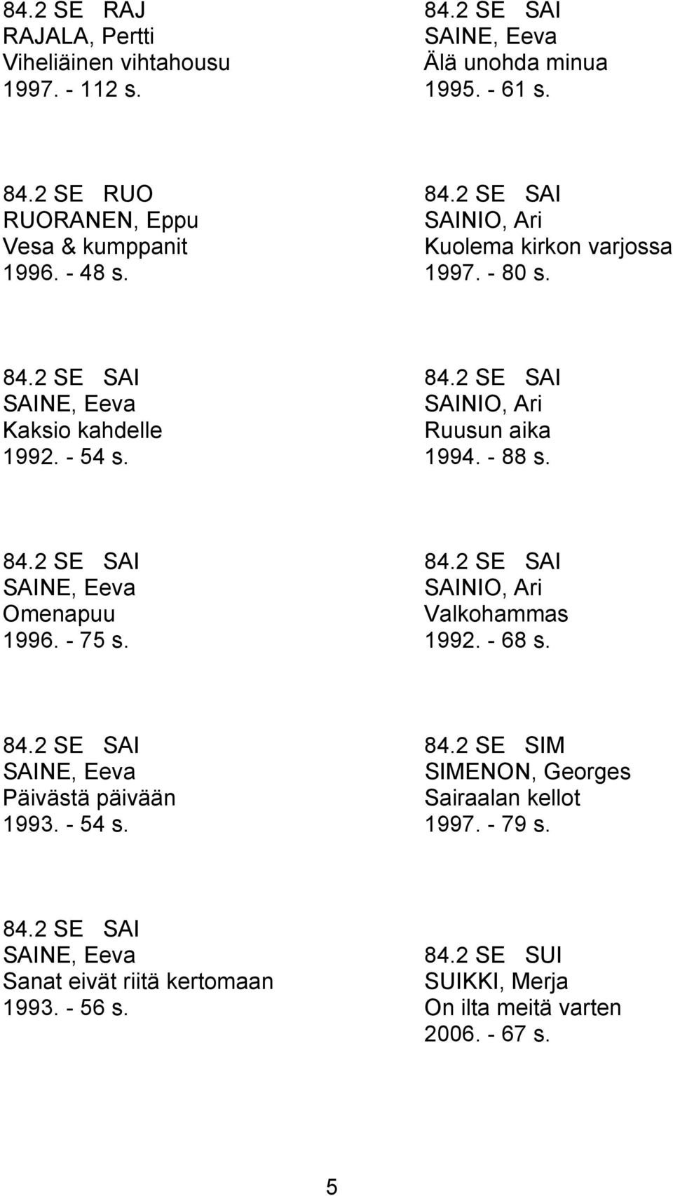 - 75 s. 84.2 SE SAI Valkohammas 1992. - 68 s. 84.2 SE SAI SAINE, Eeva Päivästä päivään 1993. - 54 s. 84.2 SE SIM SIMENON, Georges Sairaalan kellot 1997.