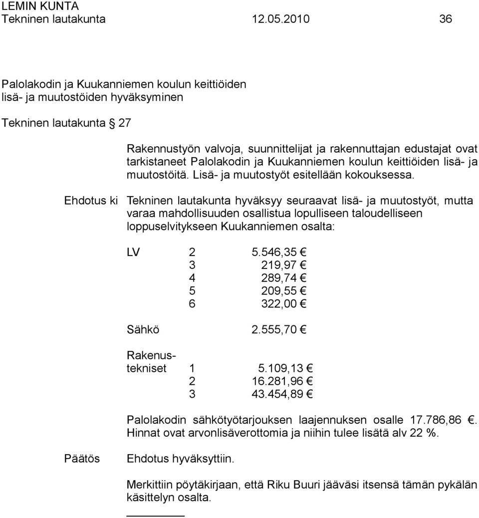 Palolakodin ja Kuukanniemen koulun keittiöiden lisä- ja muutostöitä. Lisä- ja muutostyöt esitellään kokouksessa.