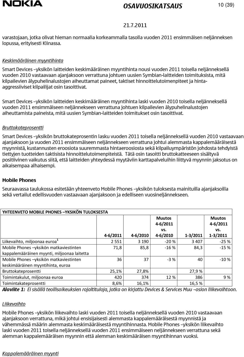 Symbian-laitteiden toimituksista, mitä kilpailevien älypuhelinalustojen aiheuttamat paineet, taktiset hinnoittelutoimenpiteet ja hintaaggressiiviset kilpailijat osin tasoittivat.