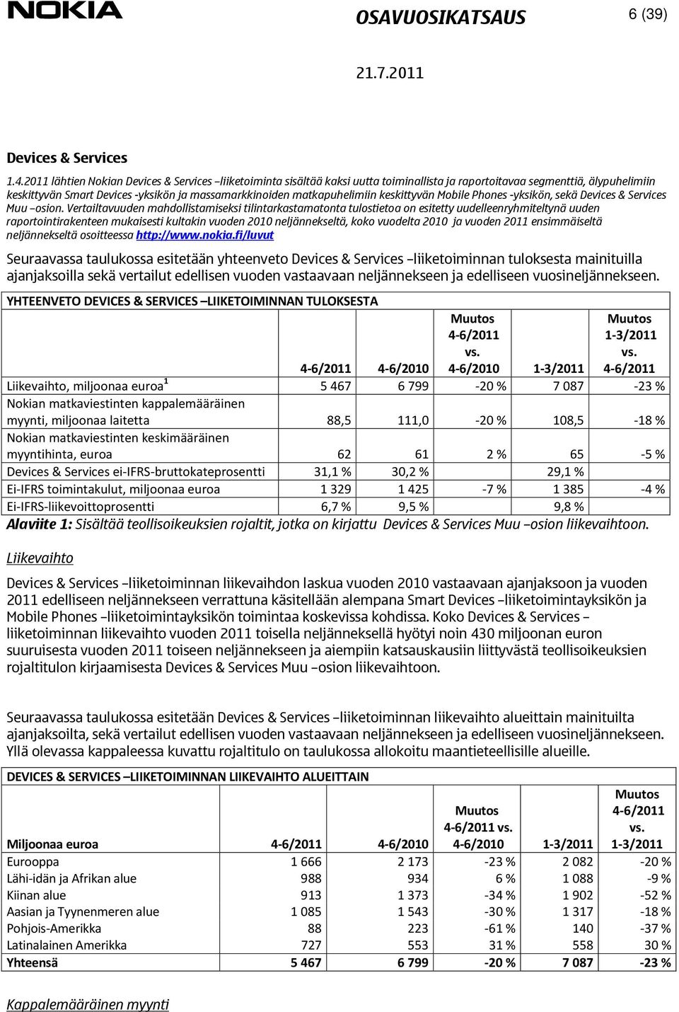 matkapuhelimiin keskittyvän Mobile Phones -yksikön, sekä Devices & Services Muu osion.