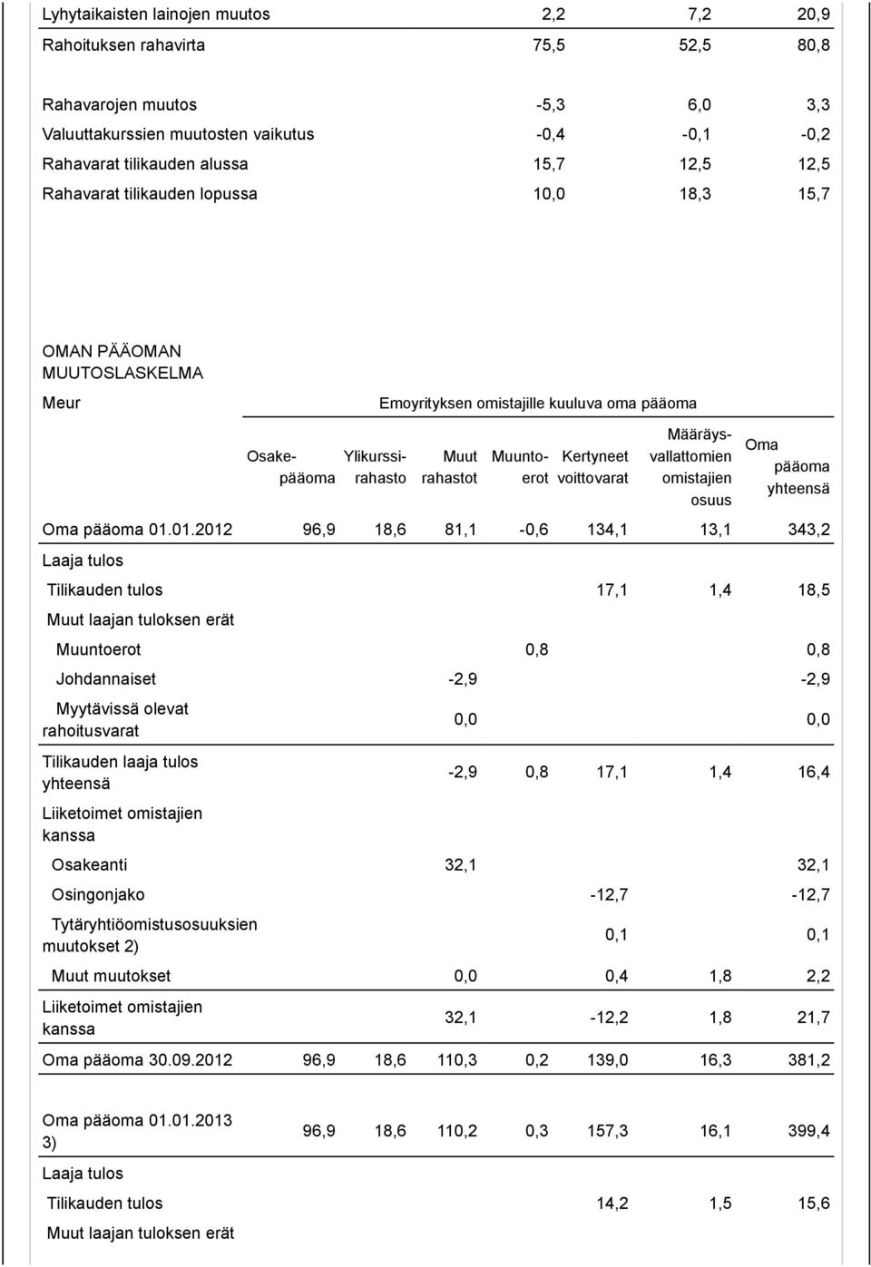 Muuntoerot Määräysvallattomien omistajien osuus Oma pääoma yhteensä Oma pääoma 01.