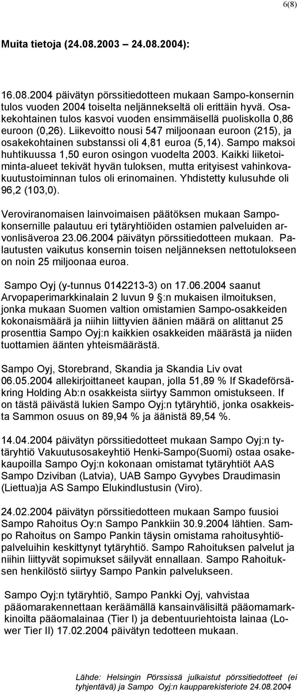 Sampo maksoi huhtikuussa 1,50 euron osingon vuodelta 2003. Kaikki liiketoiminta-alueet tekivät hyvän tuloksen, mutta erityisest vahinkovakuutustoiminnan tulos oli erinomainen.