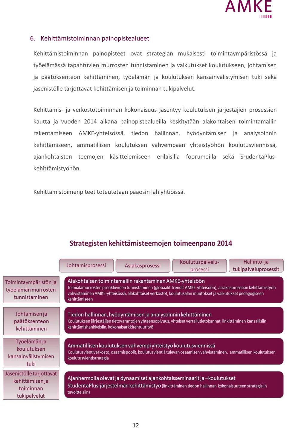 Kehittämis- ja verkostotoiminnan kokonaisuus jäsentyy koulutuksen järjestäjien prosessien kautta ja vuoden 2014 aikana painopistealueilla keskitytään alakohtaisen toimintamallin rakentamiseen