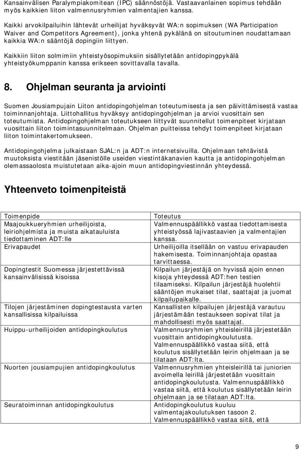 dopingiin liittyen. Kaikkiin liiton solmimiin yhteistyösopimuksiin sisällytetään antidopingpykälä yhteistyökumppanin kanssa erikseen sovittavalla tavalla. 8.