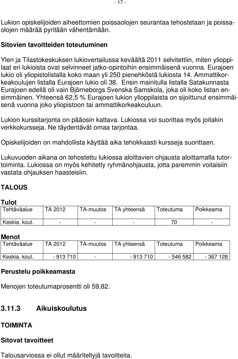 Eurajoen lukio oli yliopistolistalla koko maan yli 250 pienehköstä lukiosta 14. Ammattikorkeakoulujen listalla Eurajoen lukio oli 38.